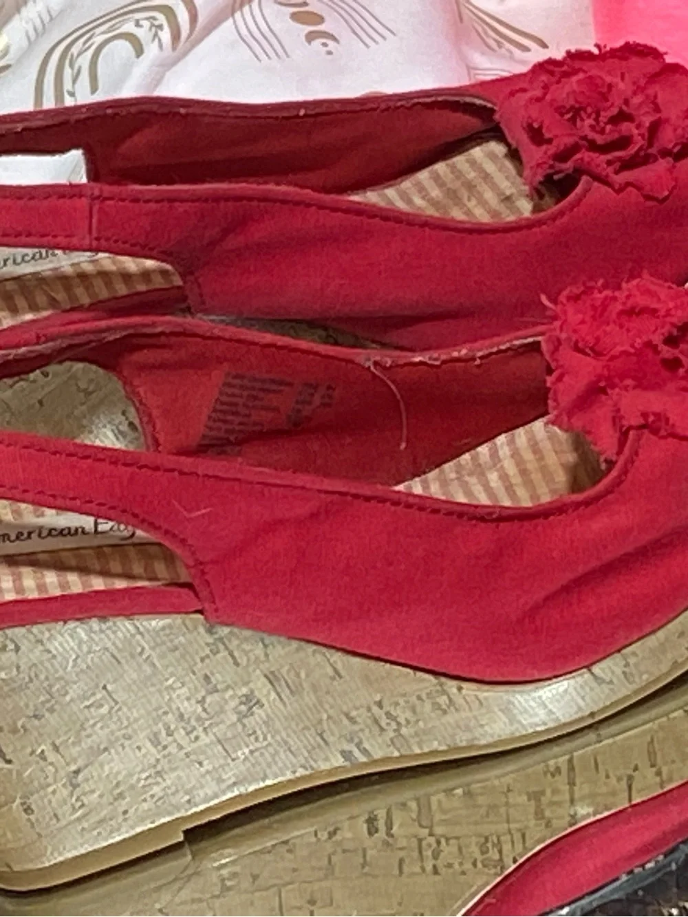 American Eagle Outfitters Red Slingback Wedge Sandals with Floral Accent